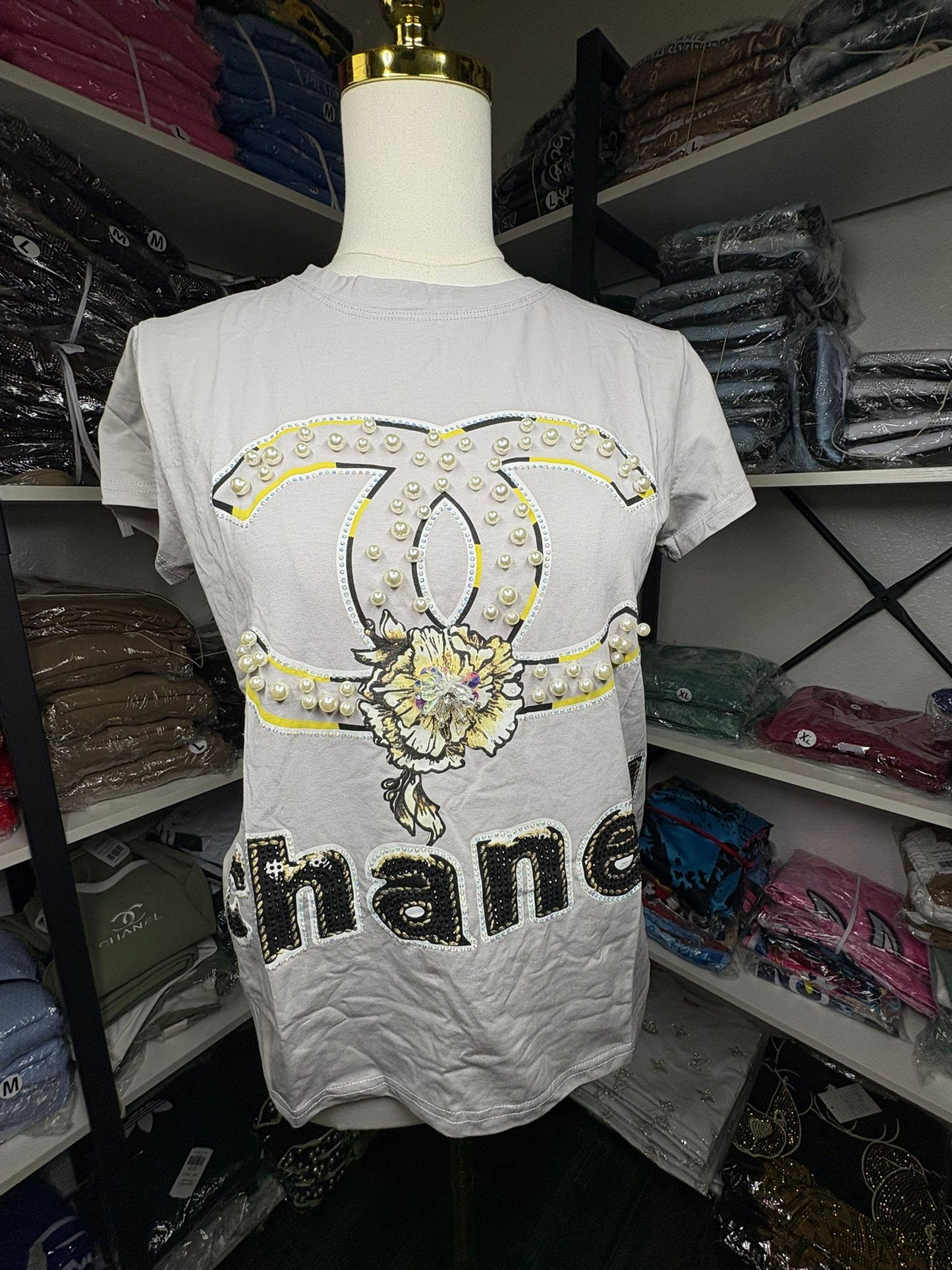 Women’s T-Shirt – Embellished Logo & Floral Detail