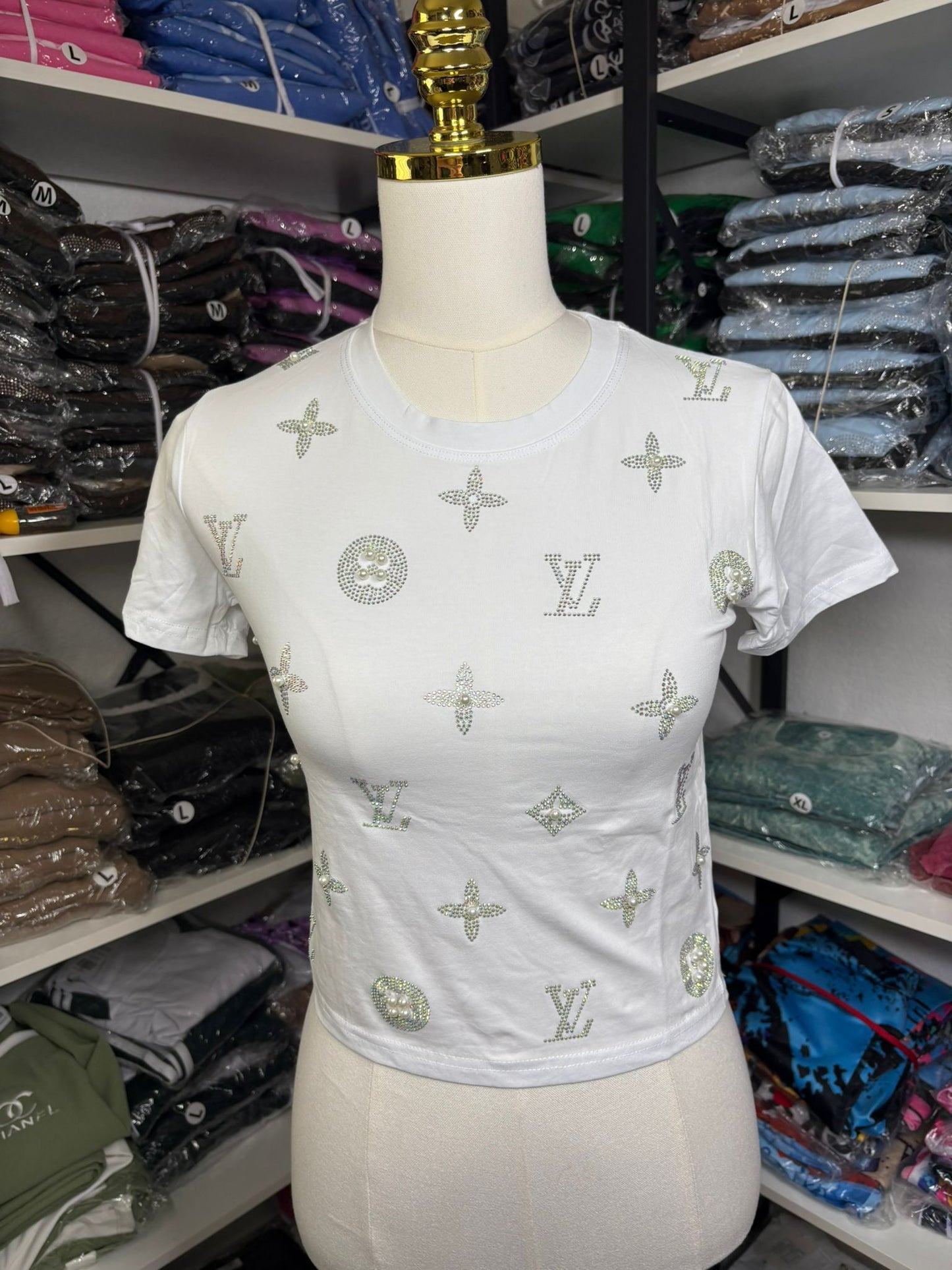 Women’s Crop T-Shirt – Rhinestone Logo Pattern