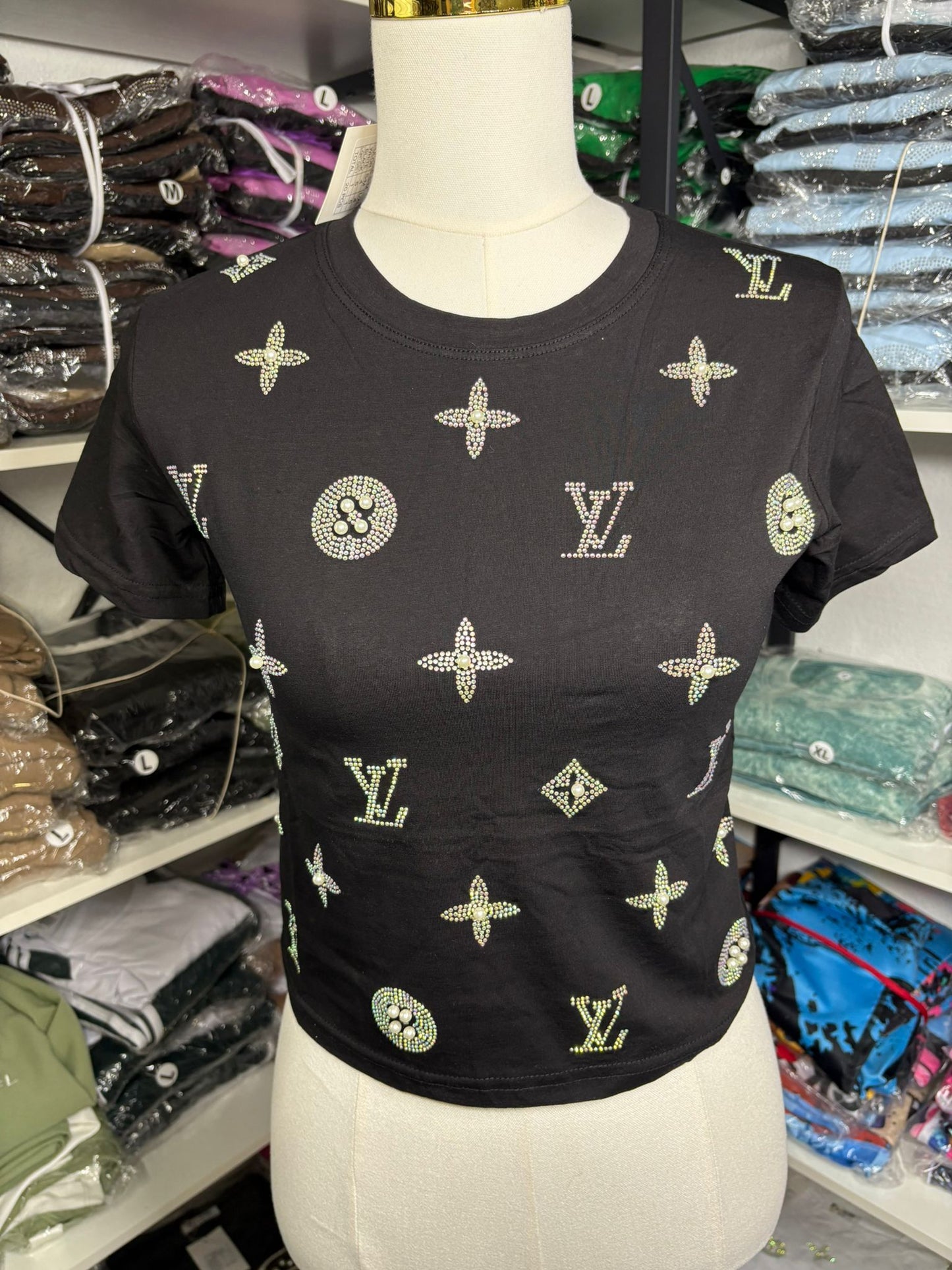 Women’s Crop T-Shirt – Rhinestone Logo Pattern