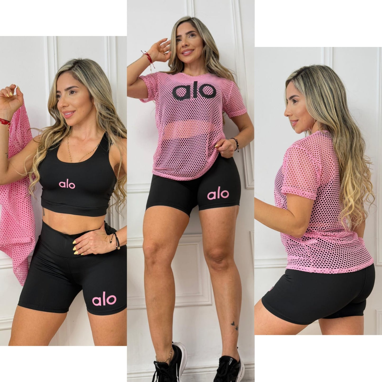 3 Piece Set /Sports Bra, Biker Shorts & Mesh Top