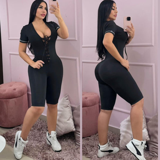 Women’s Short Jumpsuit – Lace-Up Front Design