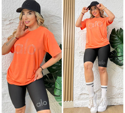 Women’s Active Set – Rhinestone Cold-Fabric T-Shirt & Suplex Biker Shorts