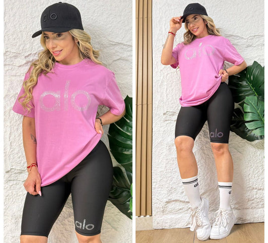 Women’s Active Set – Rhinestone Cold-Fabric T-Shirt & Suplex Biker Shorts