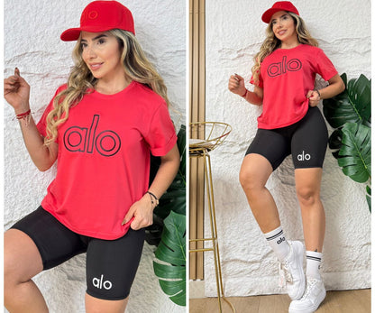 Women’s Active Set – Embroidered Cotton T-Shirt & Suplex Biker Leggings