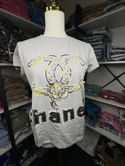 Women’s T-Shirt – Embellished Logo & Floral Detail
