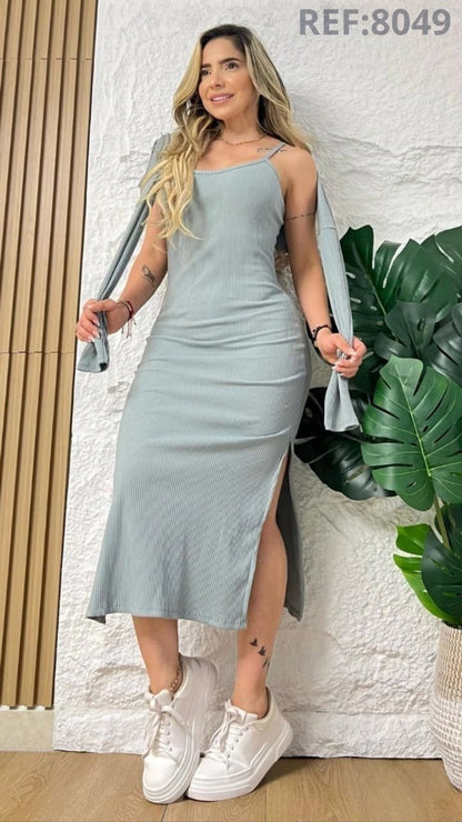 Women’s Ribbed Midi Dress with Sweater – 2 Piece Set