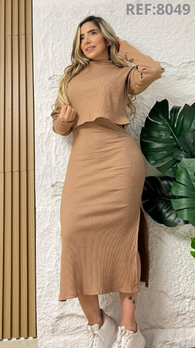 Women’s Ribbed Midi Dress with Sweater – 2 Piece Set