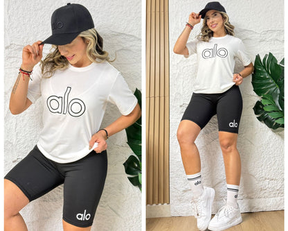 Women’s Active Set – Embroidered Cotton T-Shirt & Suplex Biker Leggings