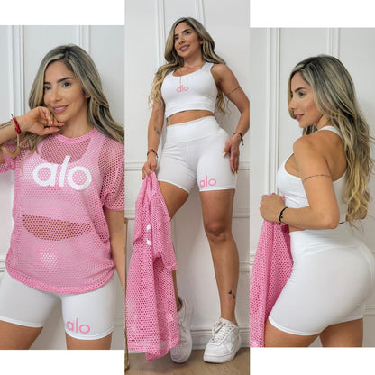 3 Piece  Set /Sports Bra, Biker Shorts & Mesh Top