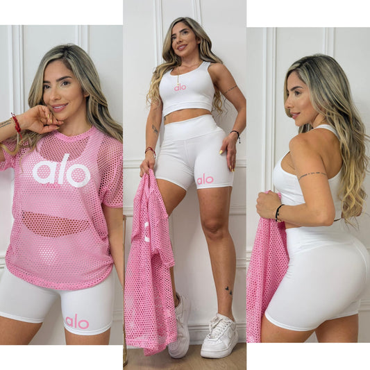 3 Piece  Set /Sports Bra, Biker Shorts & Mesh Top