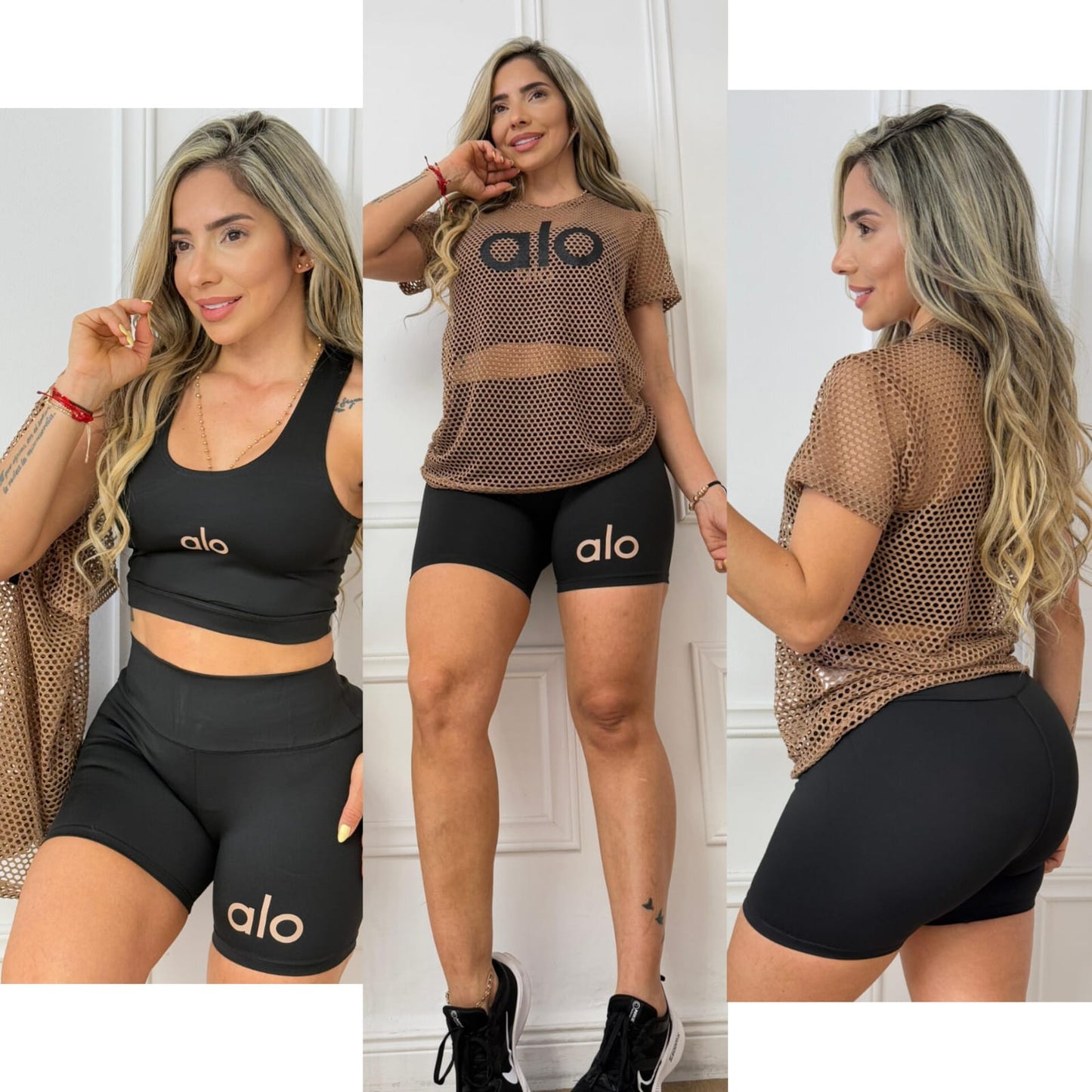 3 Piece Set /Sports Bra, Biker Shorts & Mesh Top