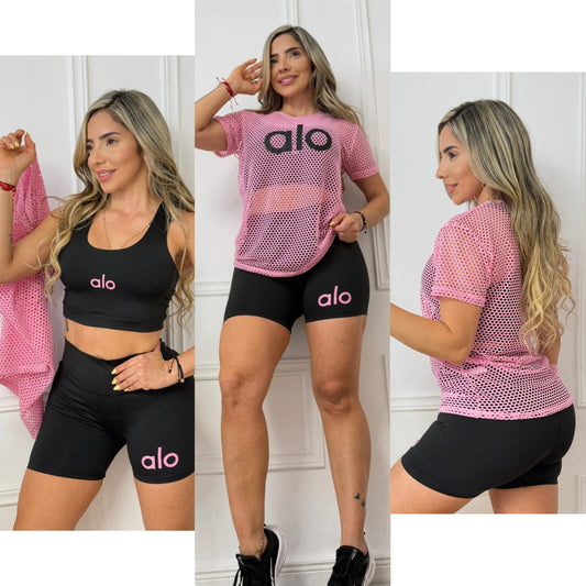3 Piece Set /Sports Bra, Biker Shorts & Mesh Top