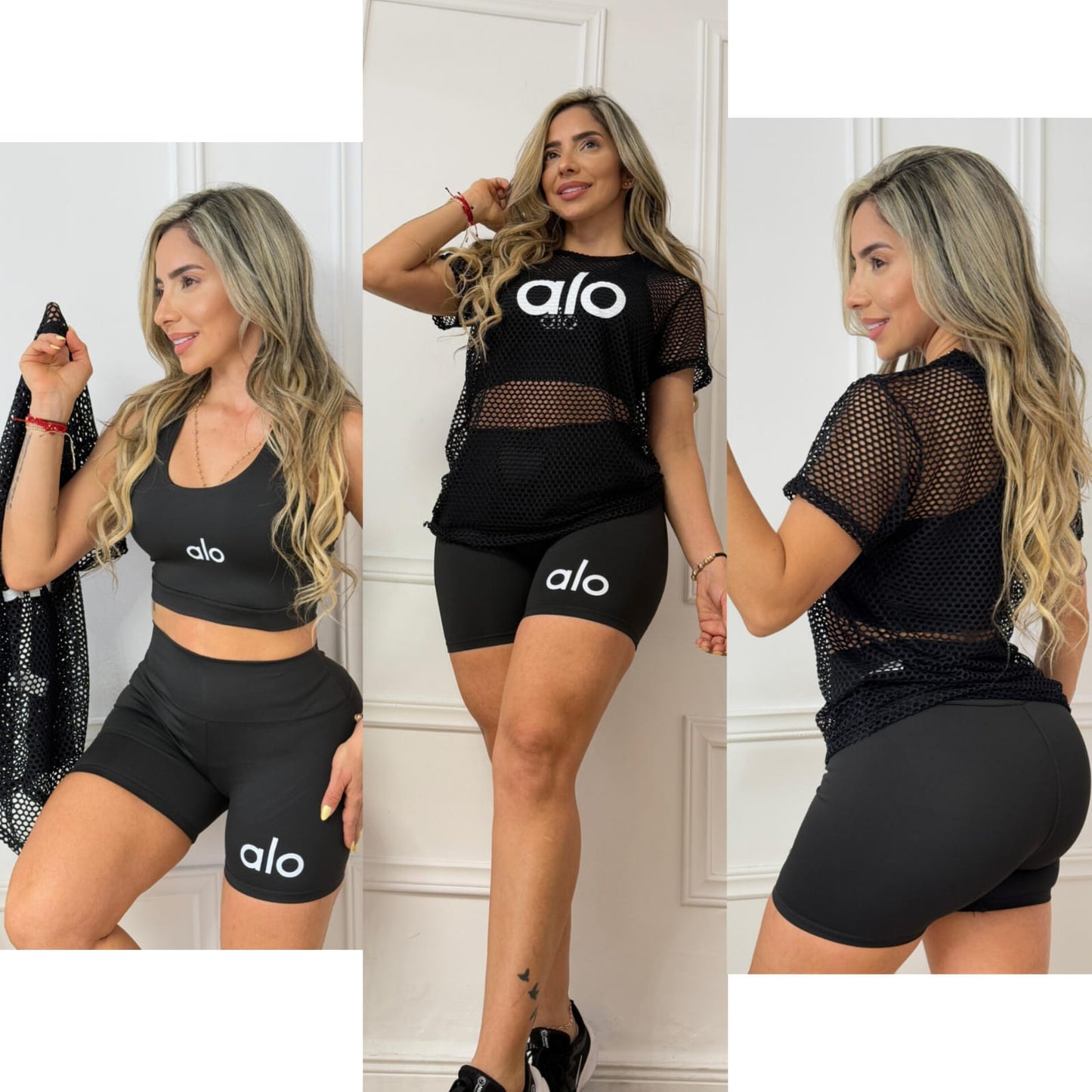 3 Piece Set /Sports Bra, Biker Shorts & Mesh Top